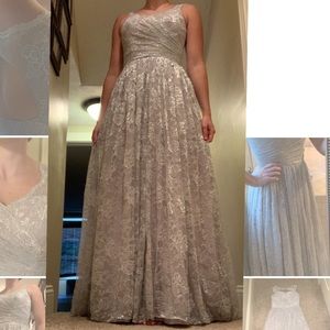 Silver lace floor length gown